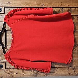 Green Envelope Red Statement Sleeve Frills Stretch Top Size Small